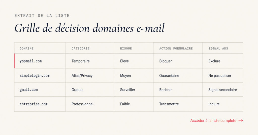 Extrait de la liste Adnostik : grille de décision domaines e-mail jetables B2B par niveau de risque et action recommandée