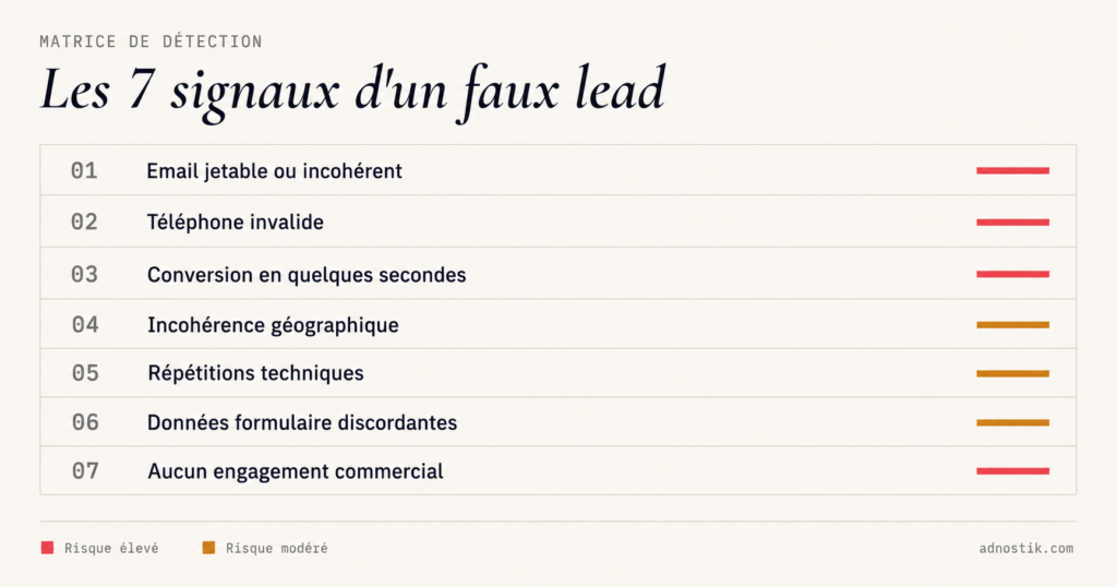 Matrice de détection des faux leads — 7 signaux classés par niveau de risque : email, téléphone, comportement, géographie, répétitions, formulaire, engagement - Adnostik