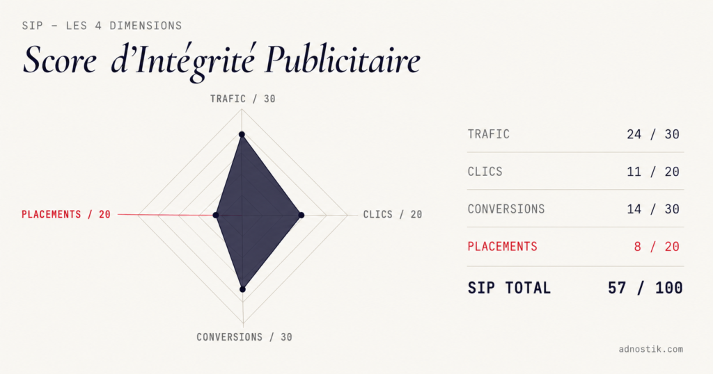 Radar SIP avec 4 dimensions — placements en anomalie à 8/20 — score total 57/100, méthode Score d'Intégrité Publicitaire Adnostik